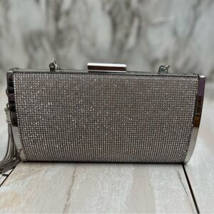 Aldo Shimmering Silver Rhinestone Crystal Wristlet Clutch Tassel Christmas Party